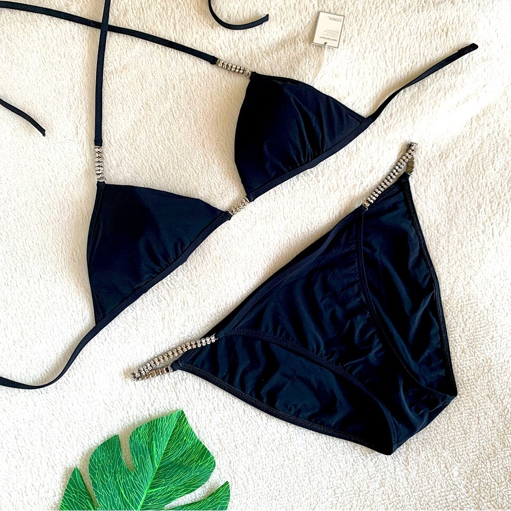Y2K Express Vintage Sexy Rhinestone Black Triangle String Bikini•NWT